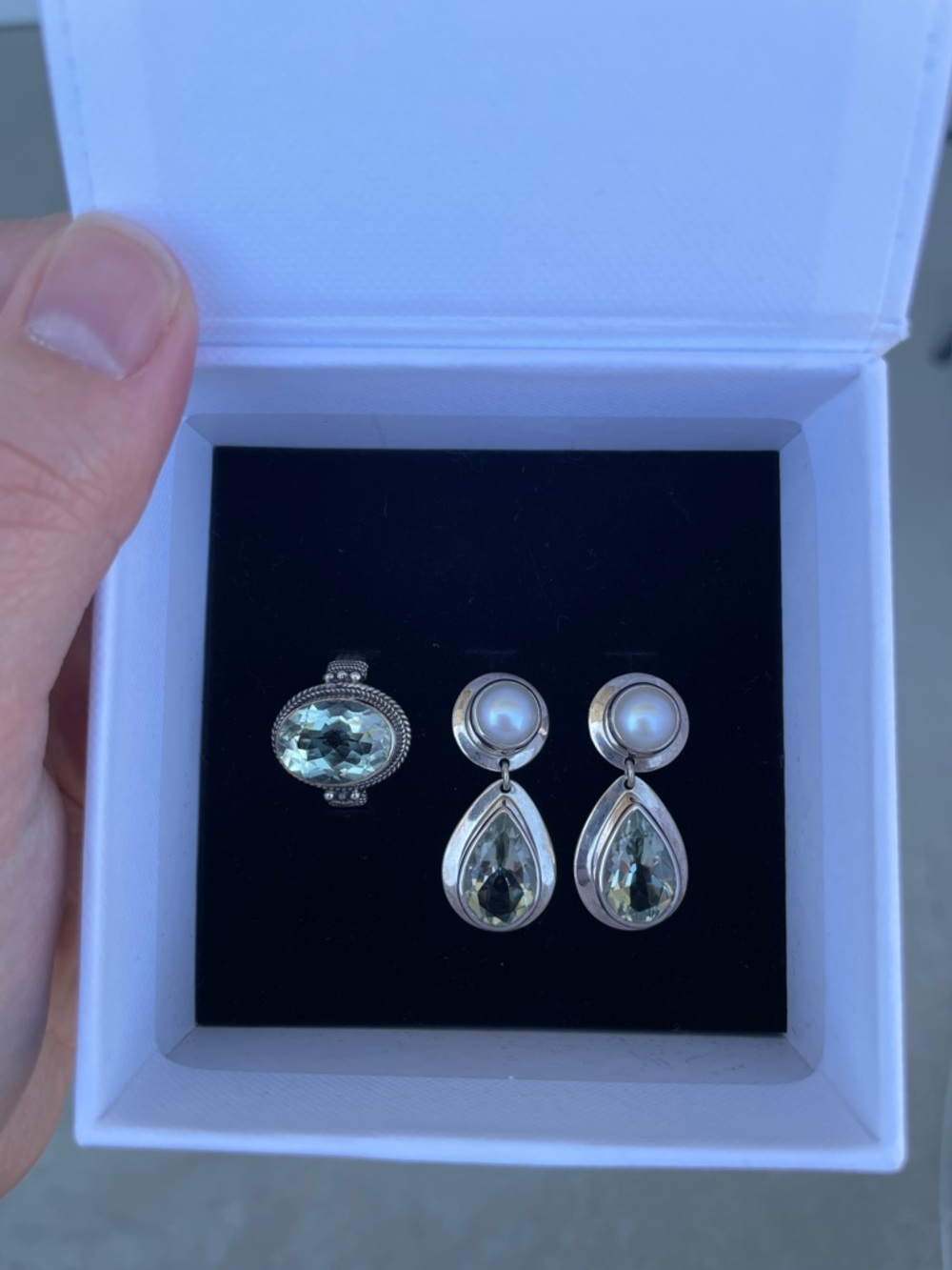 Green Amethyst and Pearl Earrings and Ring Set